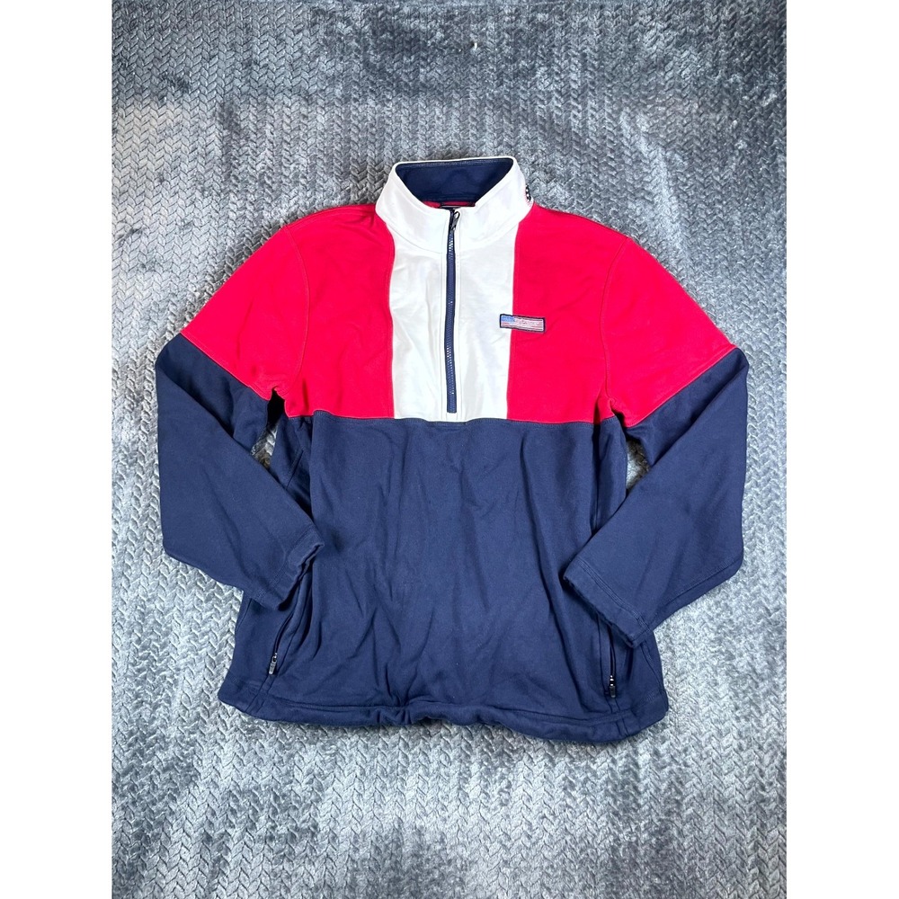 Vineyard Vines Sweatshirt Mens Large Red Blue Colorblock Cotton Logo Half Zip